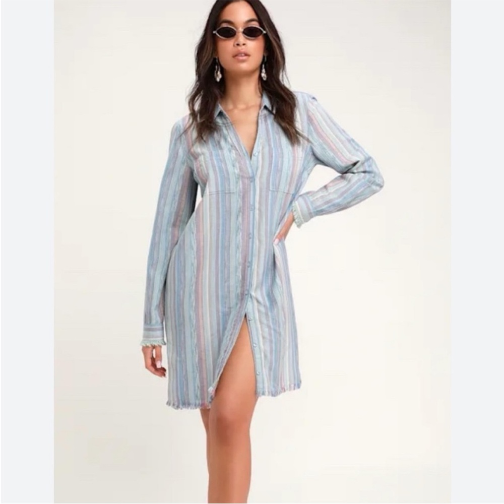 Anthro Cloth & Stone Stripe Rayon/Linen Dress Sz S w MEASUREMENTS Frayed Hem